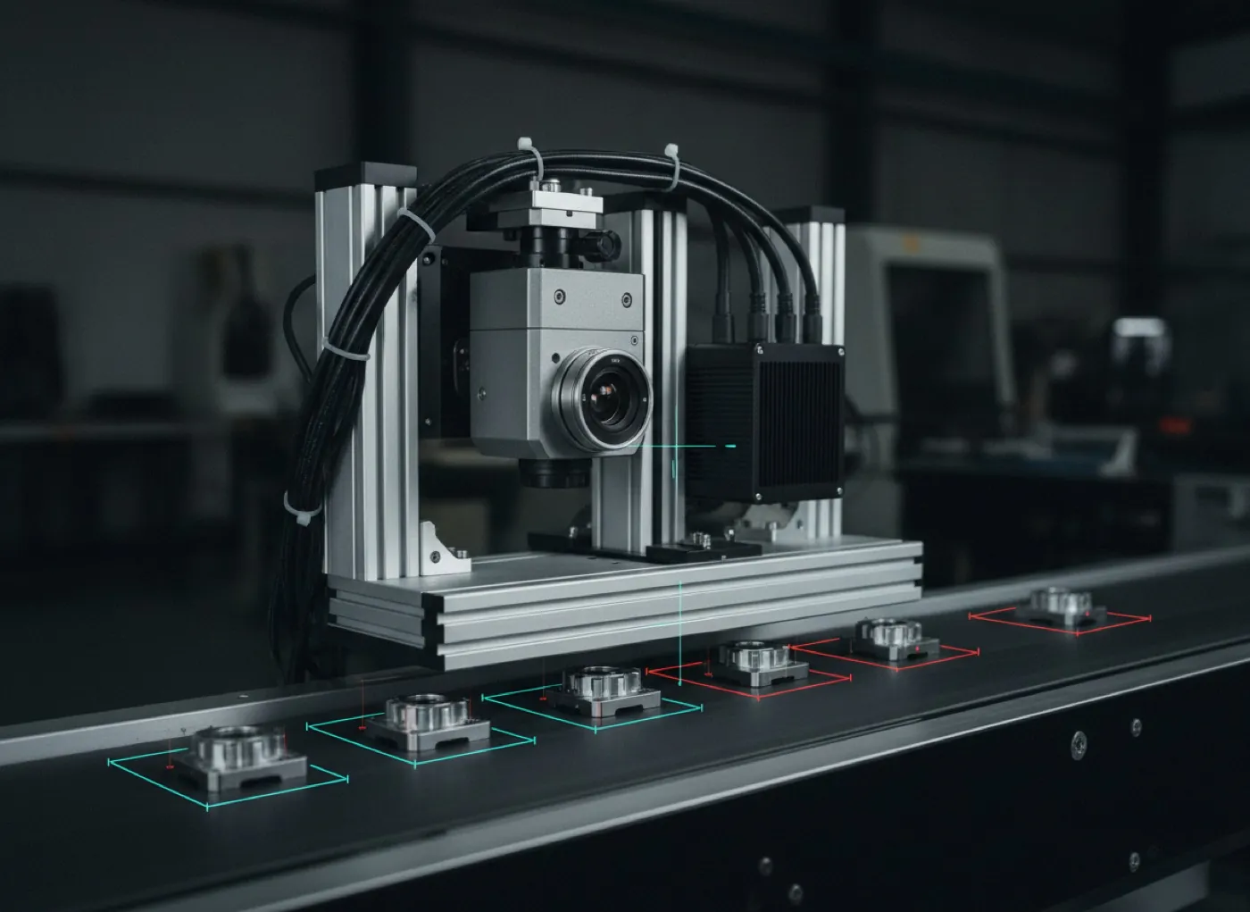 An industrial machine vision camera mounted above a conveyor next to a compact edge computing device; parts moving along the belt are individually framed and sorted as pass or fail.