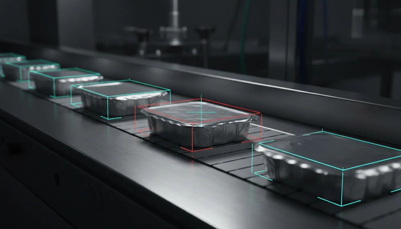 Sealed food trays on a packaging line; each tray is framed and the one with a seal problem is marked in a different colour.