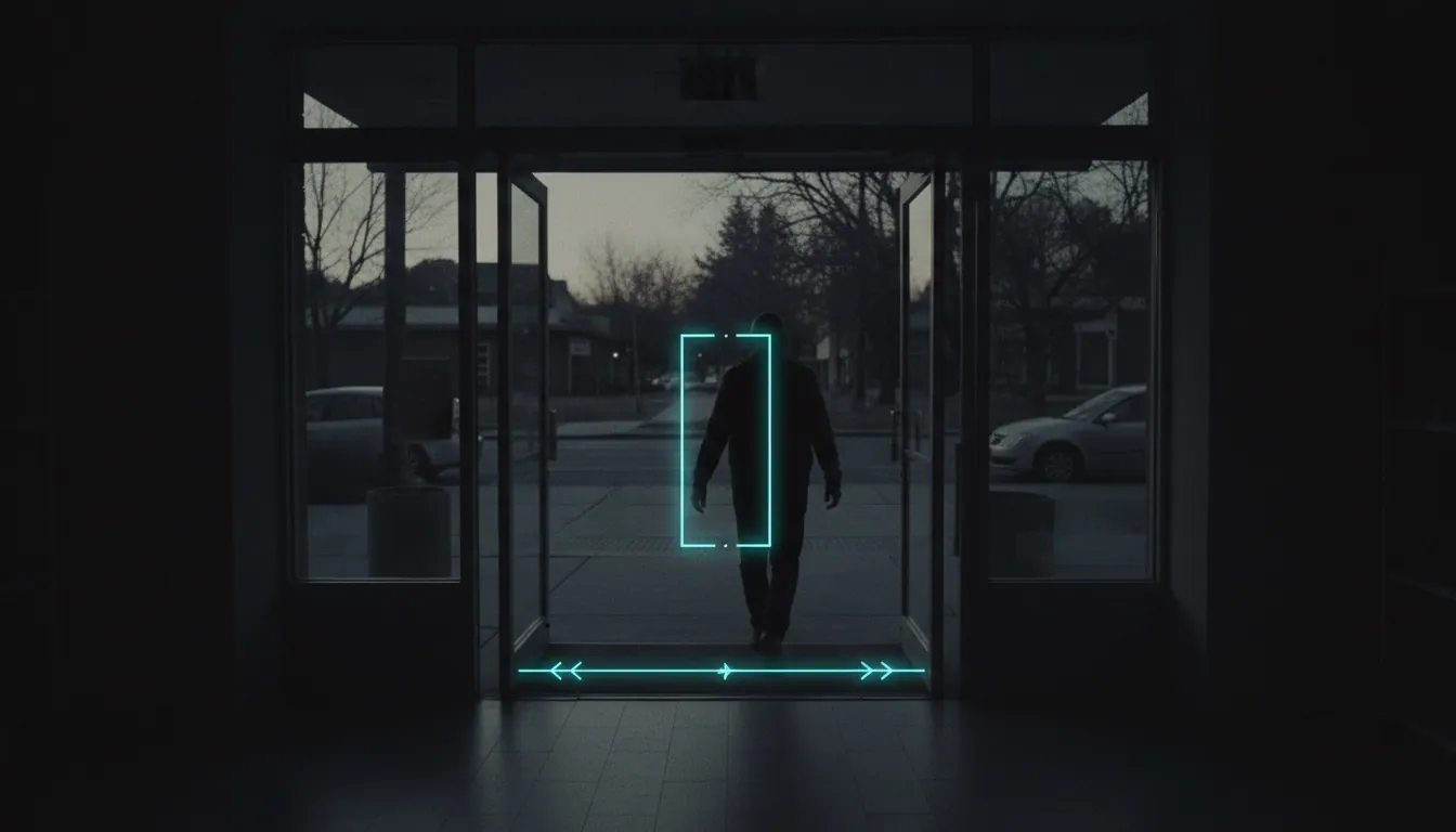 A person walking in through a glass entrance door; a line with arrows in both directions is drawn across the threshold.