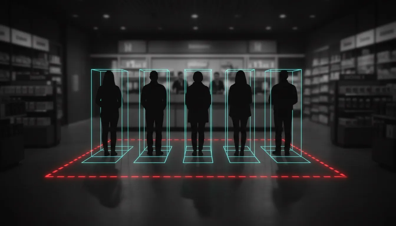 Five customers standing in line in front of the counter, each framed; the waiting zone is outlined in red.