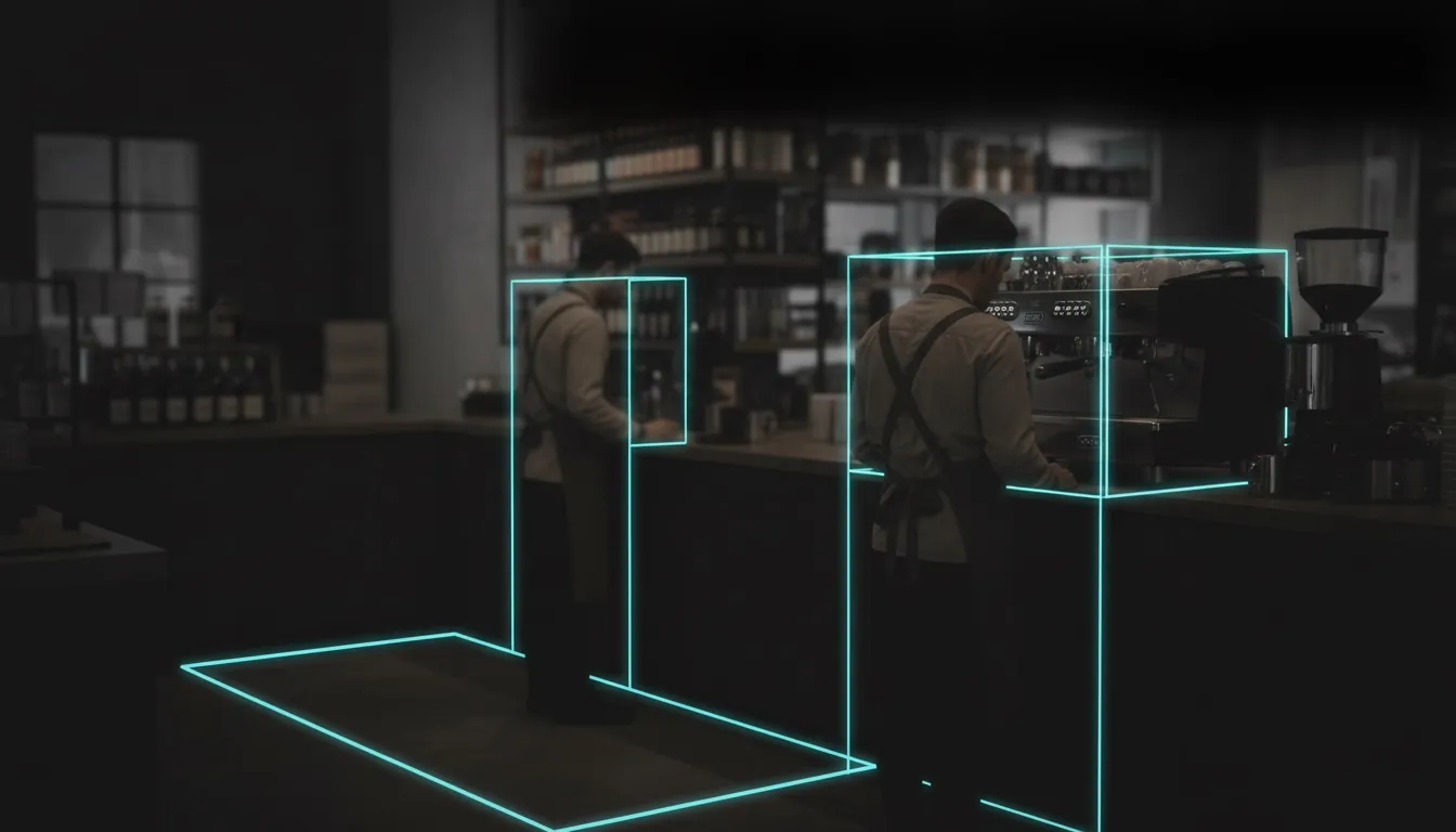 Two baristas seen from behind, each framed by a box, inside a zone drawn on the floor behind the counter.