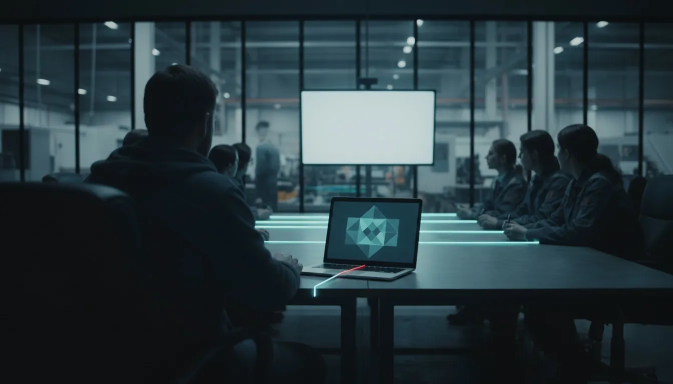 An engineer with a laptop at the same table as the client's operations team; the production floor is visible through the glass behind them.