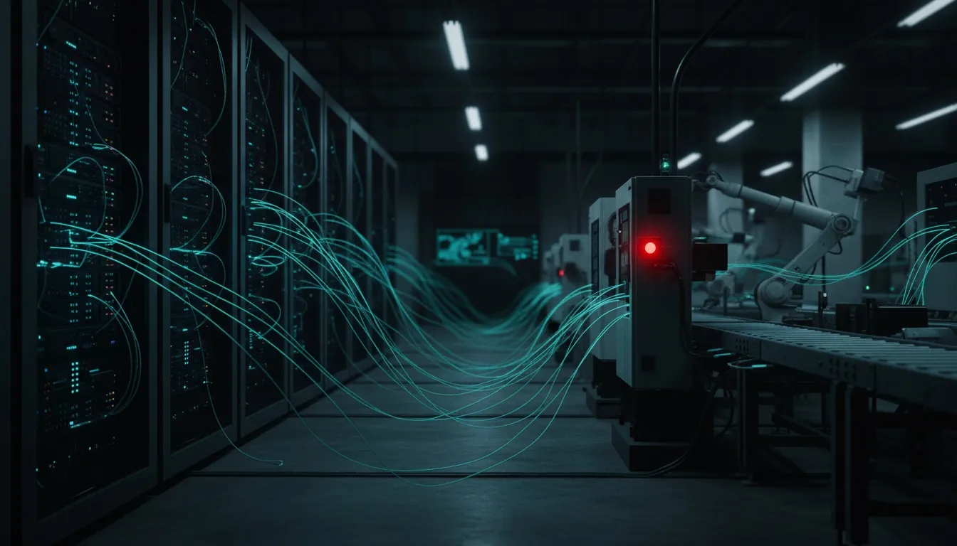 Server racks on one side and a production line on the other, connected by flowing data lines.