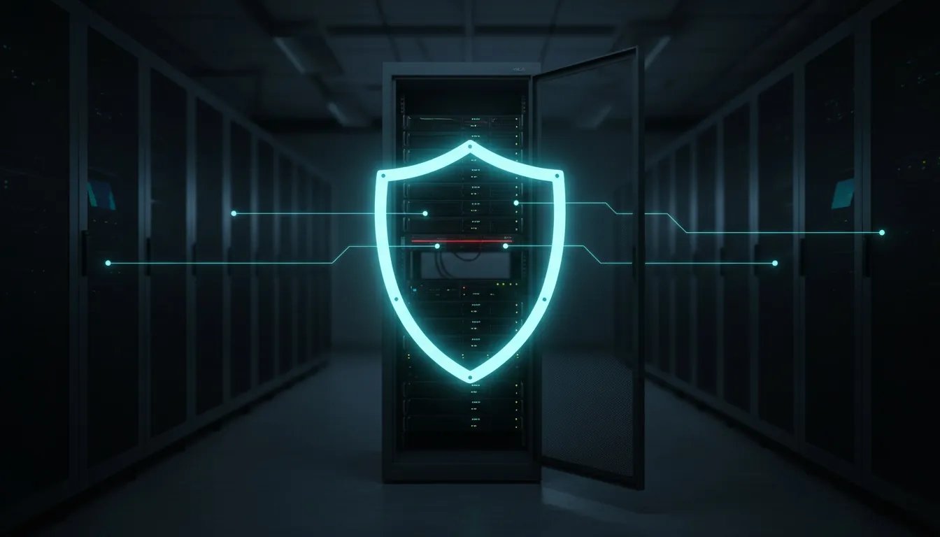 A server room with an open rack; a glowing shield outline hovers in front of it.
