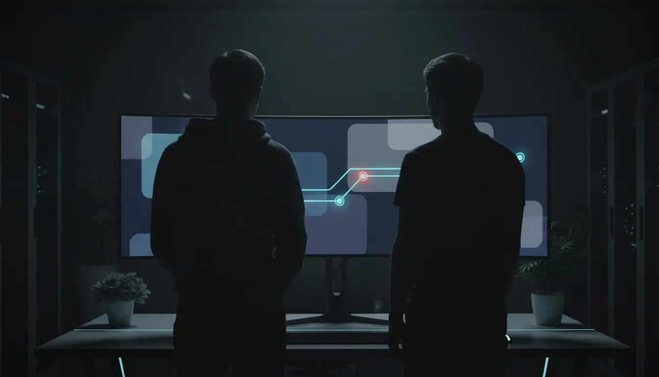 Two engineers seen from behind reviewing work at a large monitor; a pipeline of connected steps runs across the screen.