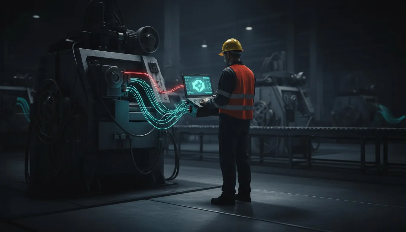 An engineer in a hard hat and vest holding a laptop next to an industrial machine; data lines run from the machine to the laptop.