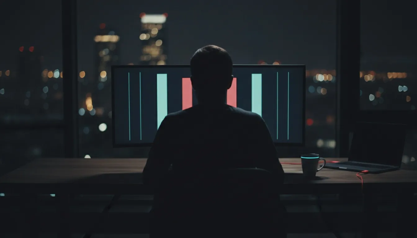 A developer seen from behind at night in front of an out-of-focus monitor; two lines on the screen glow red.