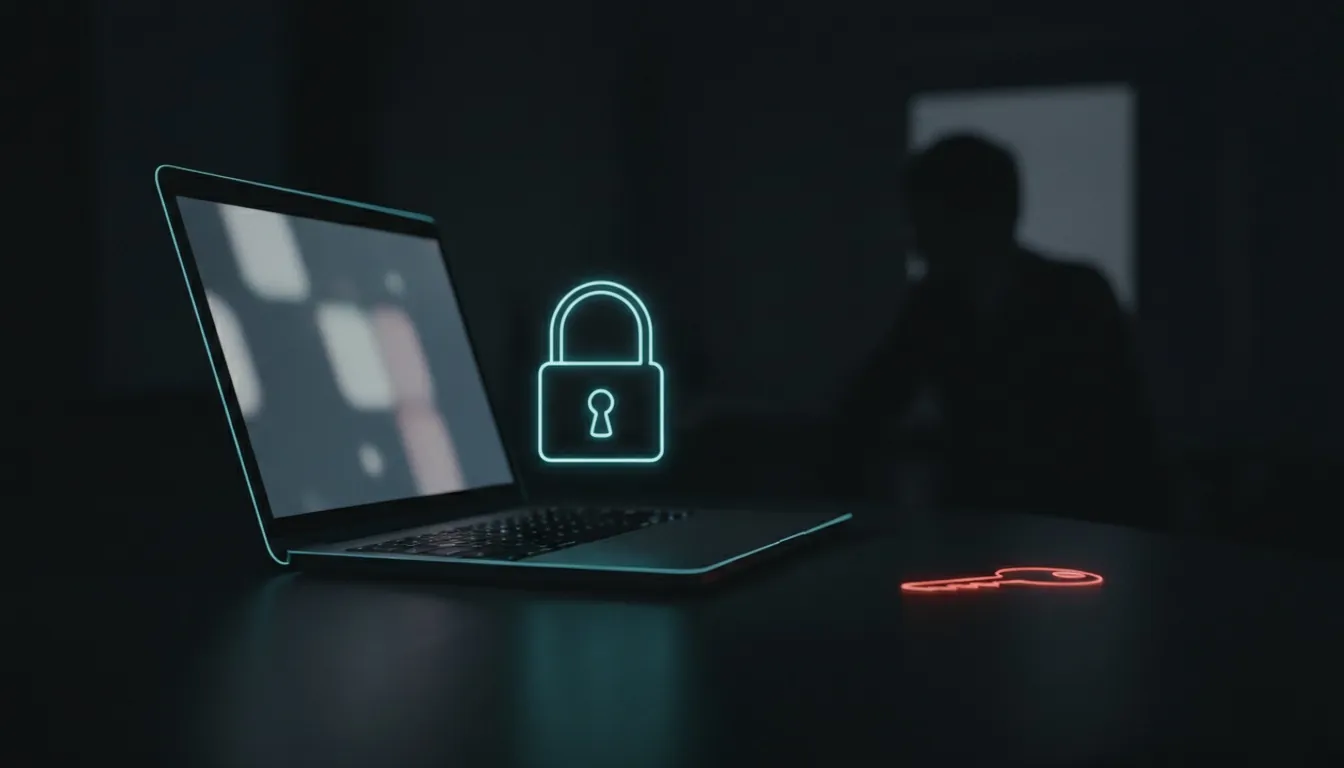 A laptop at night with a glowing padlock above the keyboard and a red key lying exposed next to it.