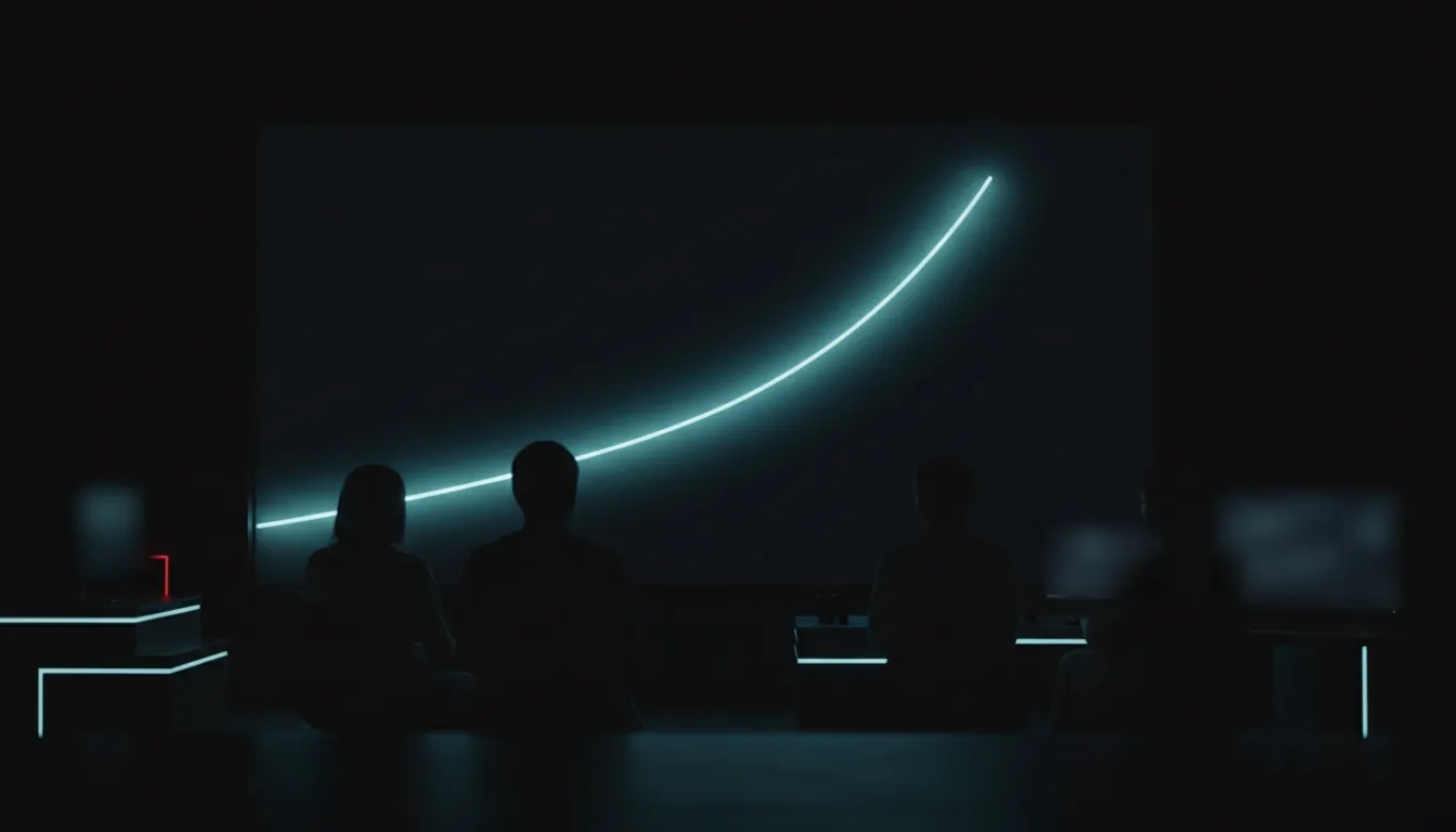 A small team seen from behind in a dark room, watching a large screen with a rising curve.