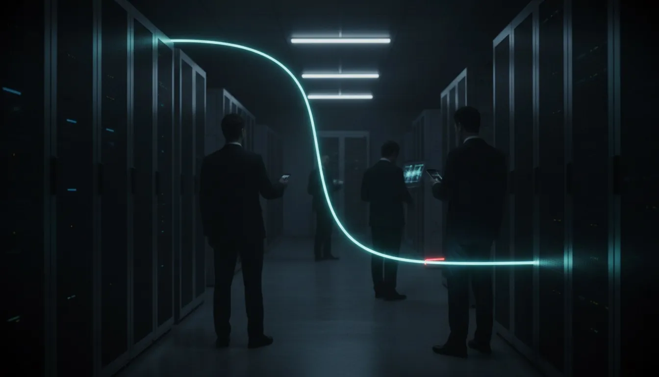 A server corridor with a glowing line above the racks that falls and then levels out.