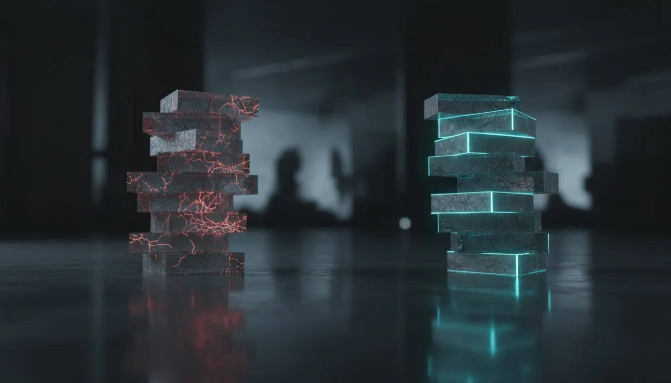Two stacks of blocks: a cracked, fragile one and the same stack rebuilt solid with glowing edges.