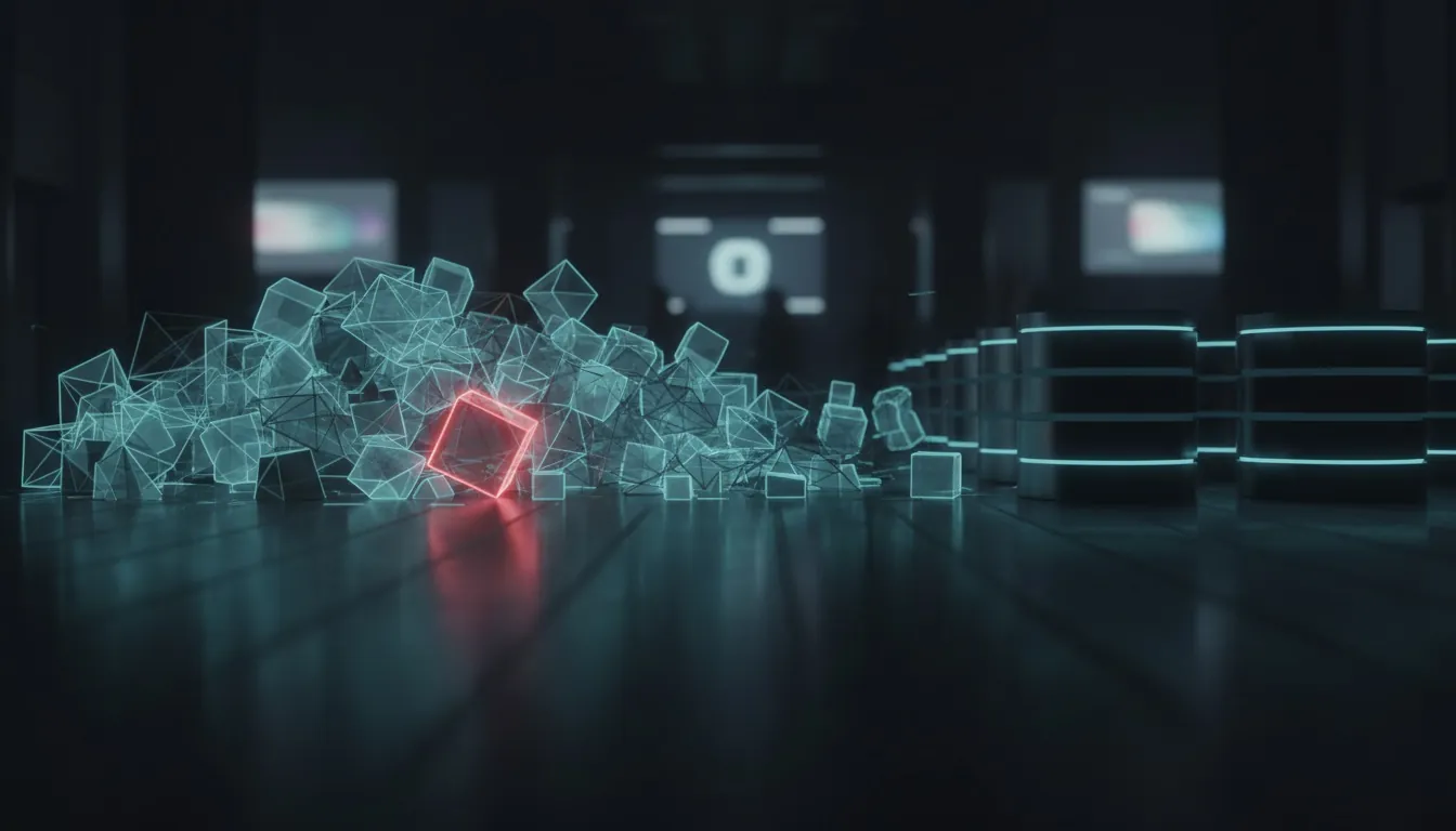 A tangle of glowing data blocks, one of them red, flowing into a neat stack of database cylinders.