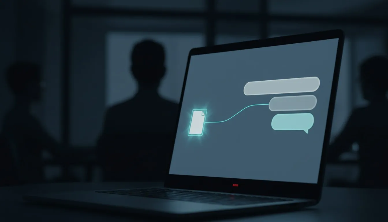A laptop showing an abstract chat; a line connects one answer to the document it came from.