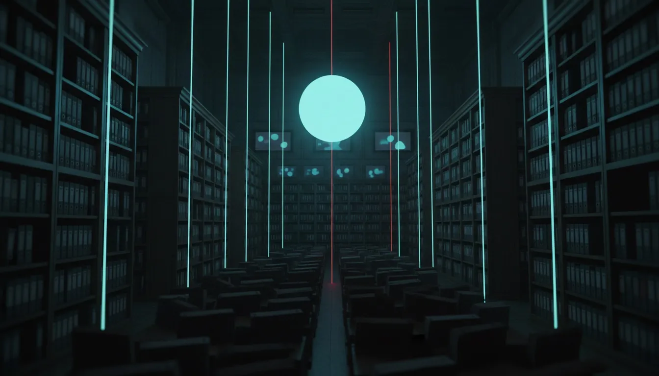 An archive room with shelves of folders; light lines rise from selected folders and meet at one glowing point.
