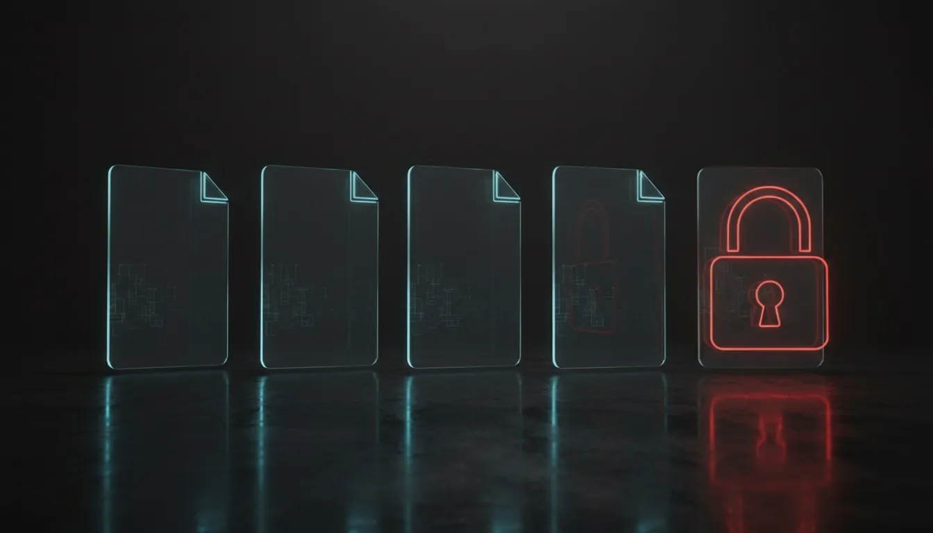 A row of glass document panels; most glow cyan, the last one sits behind a red lock.