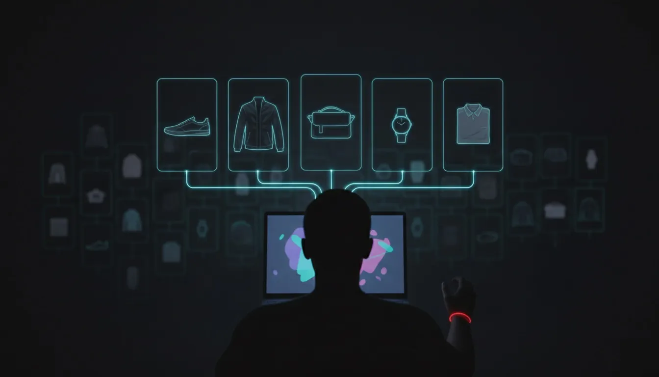 A person at a laptop at night; a row of matching product cards rises from the screen while the rest of the catalog stays blurred.