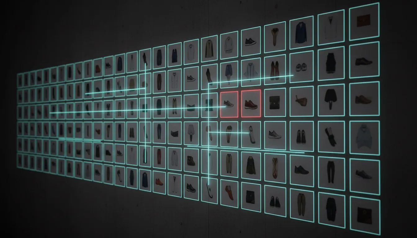 A wall of small product photos in a grid; lines sort them into groups and one duplicate is marked in red.