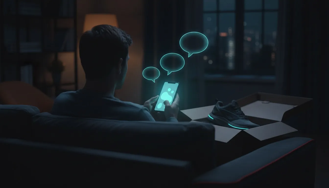 A customer on a sofa holding a phone next to an open delivery box; empty speech bubbles of light float above the phone.