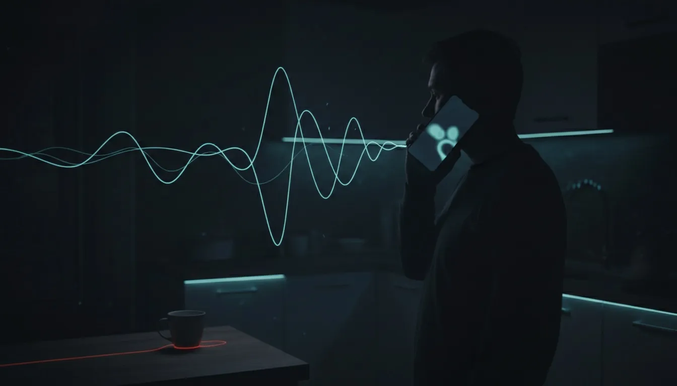 A person on the phone in a dim kitchen; glowing sound waves flow out of the phone.