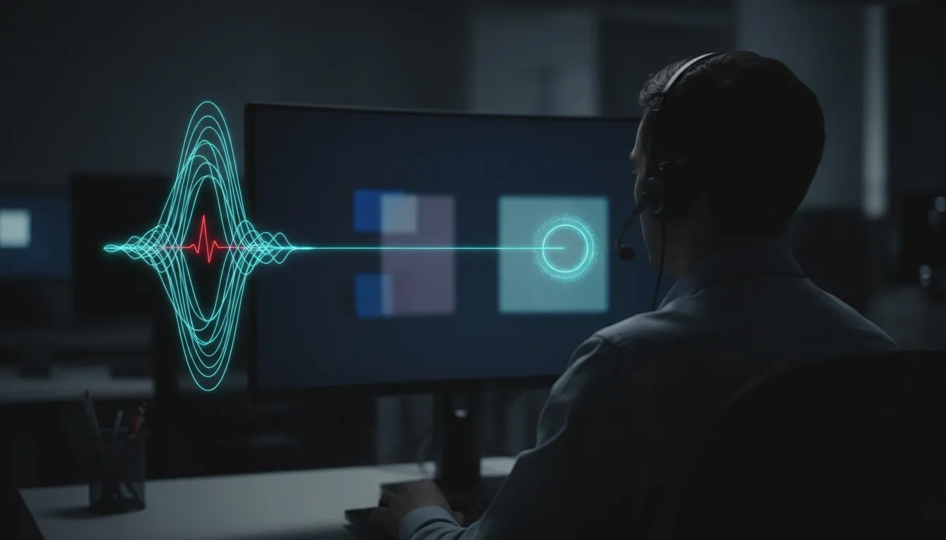 A support agent with a headset at a monitor; a line from a sound waveform ends at the screen.