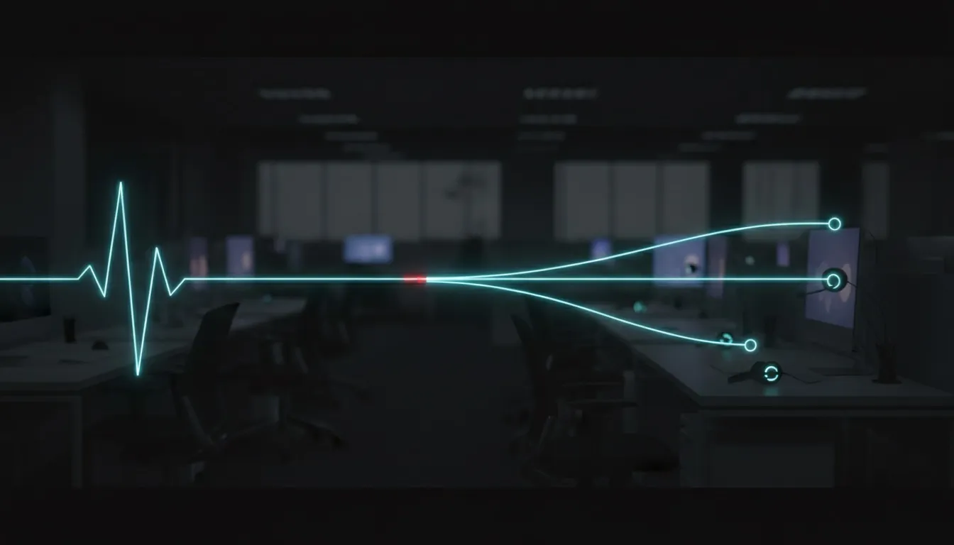 A single sound-wave line splitting into three paths, each leading to a headset on a different desk.